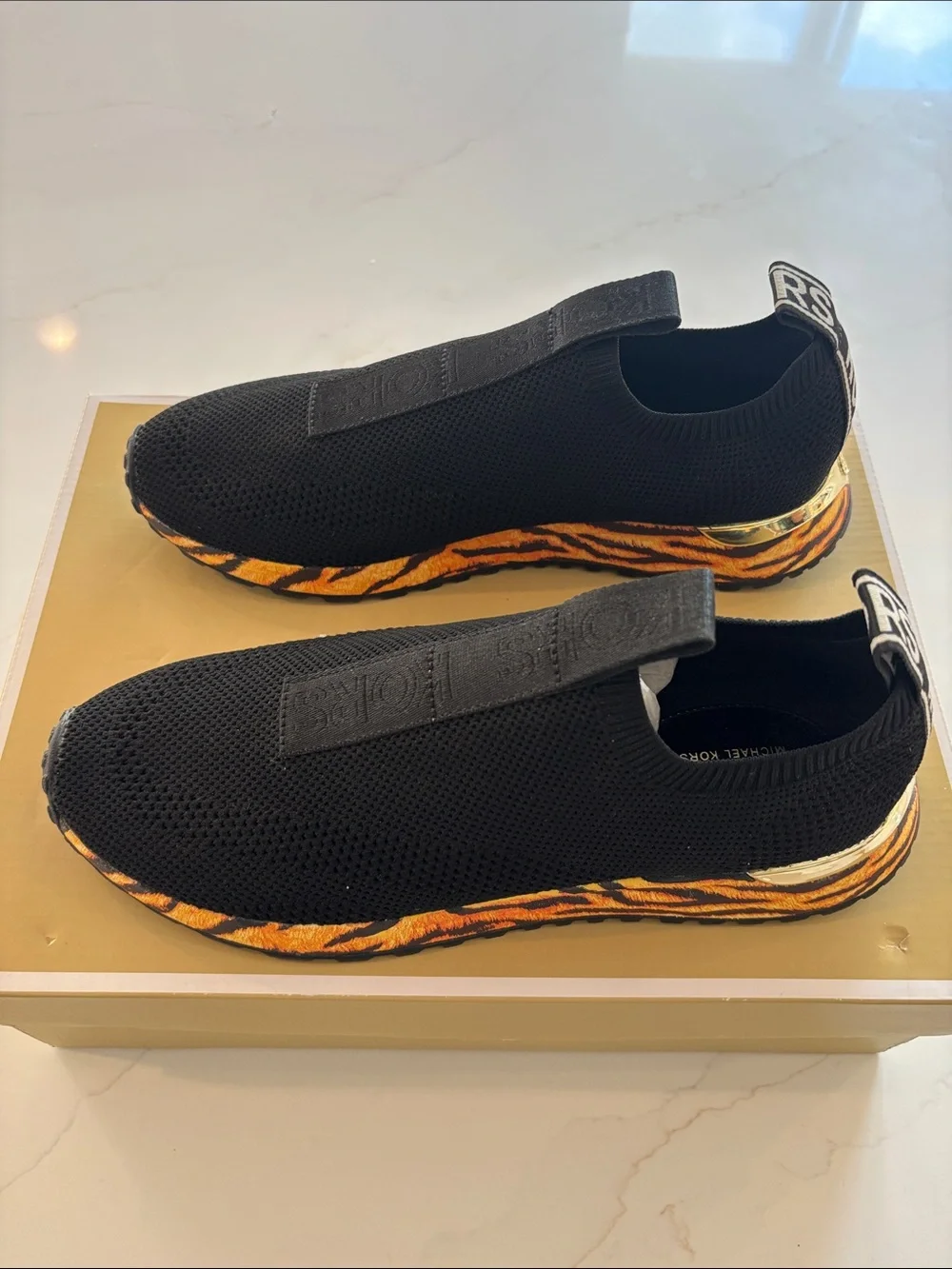 Michael Kors Kids Black Knit Slip-On Sneakers with Tiger-Print Accent
